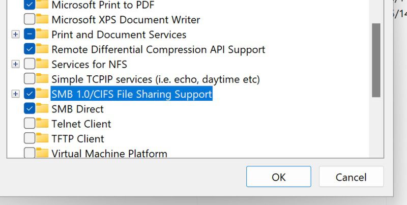 activer le Support de partage de fichiers SMB 1.0/CIFS