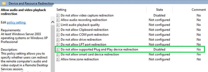 desactivar No permitir la redirección de dispositivos Plug and Play compatibles/captura de vídeo