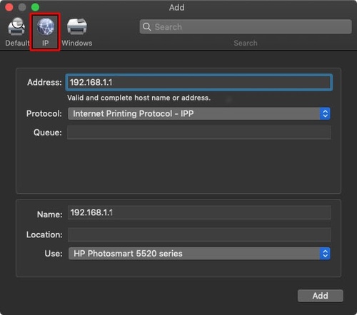 enter the printer’s ip address