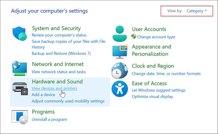 View devices and printers settings