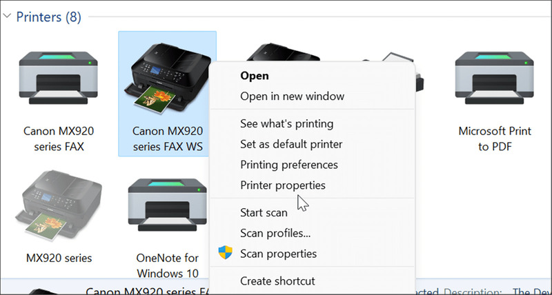 Printer properties from the drop-down menu